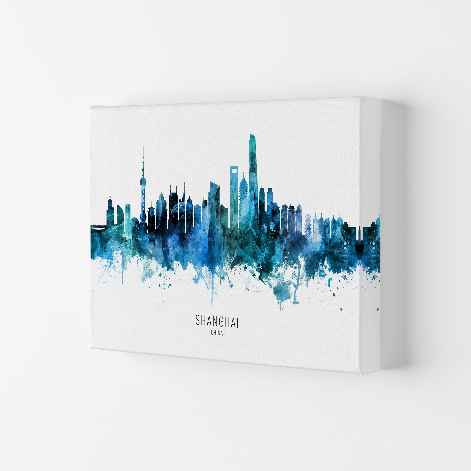 Shanghai China Skyline Blue City Name  by Michael Tompsett Canvas
