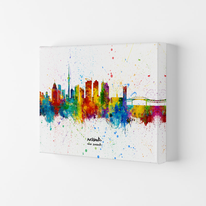 Auckland New Zealand Skyline Splash Art Print by Michael Tompsett Canvas