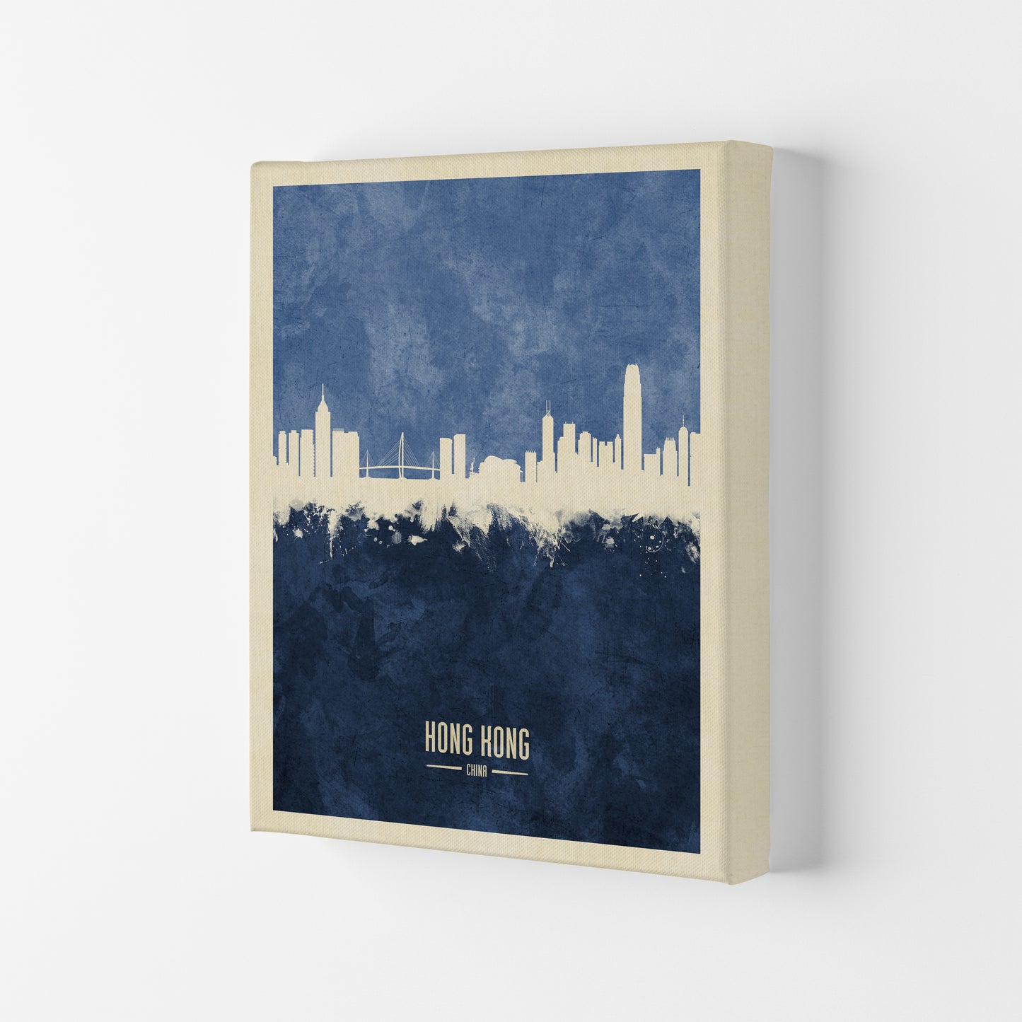 Hong Kong China Skyline Portrait Navy Art Print by Michael Tompsett Canvas