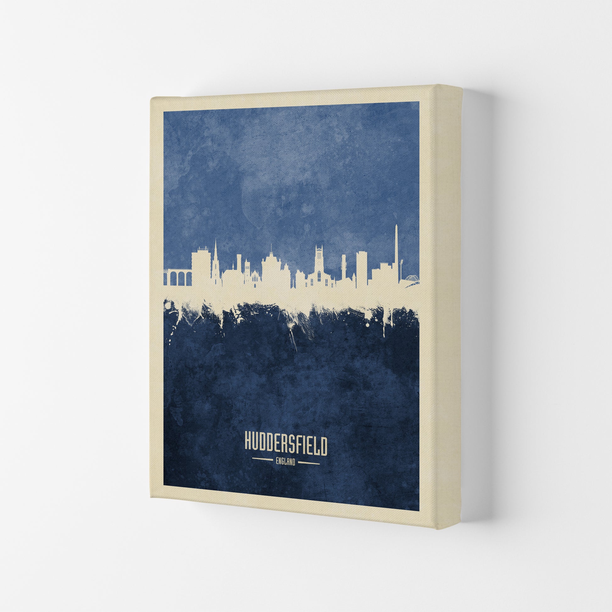 Huddersfield England Skyline Portrait Navy Art Print by Michael Tompsett Canvas
