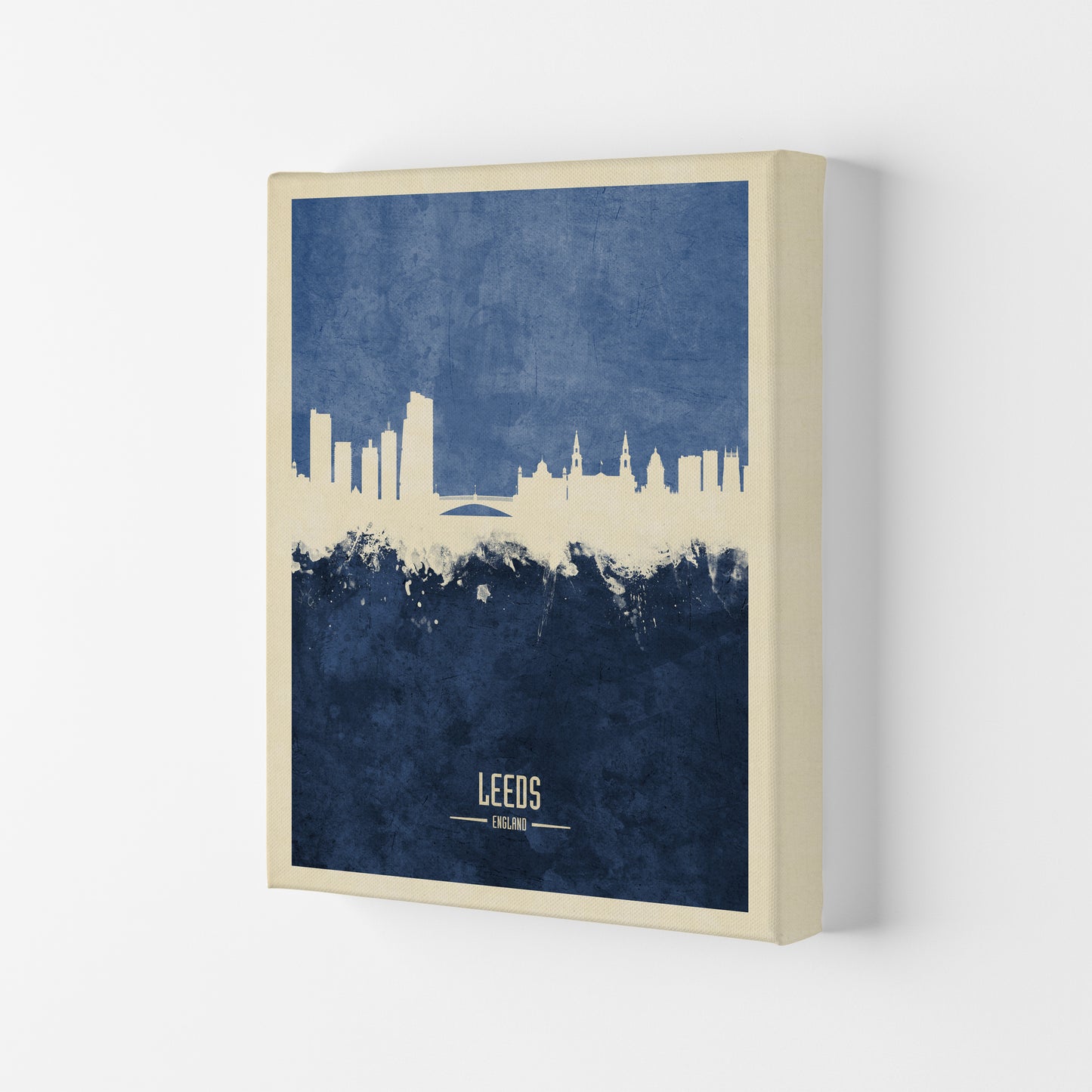Leeds England Skyline Portrait Navy Art Print by Michael Tompsett Canvas