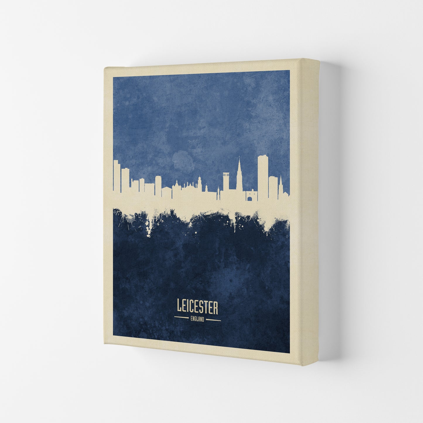 Leicester England Skyline Portrait Navy Art Print by Michael Tompsett Canvas