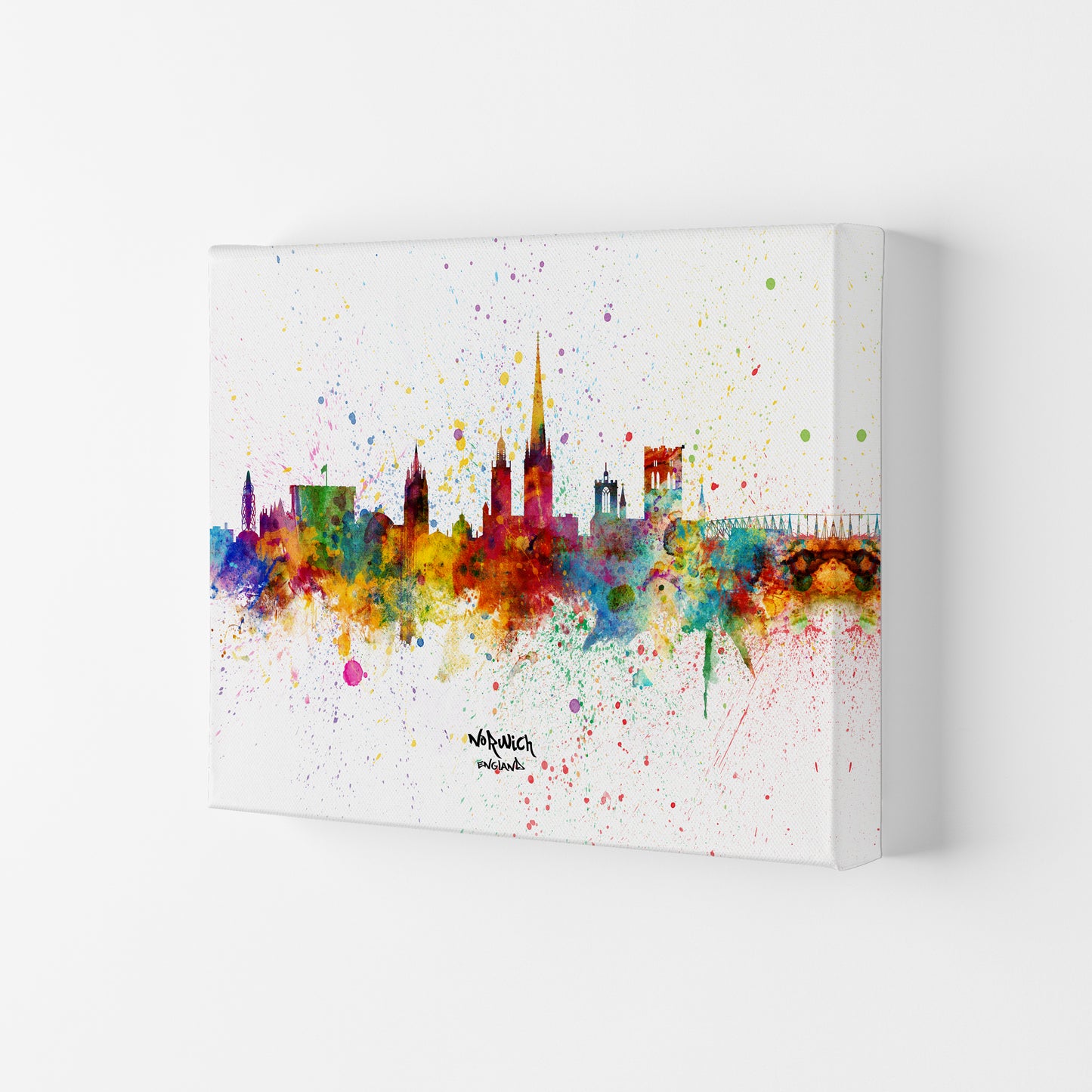 Norwich England Skyline Splash Art Print by Michael Tompsett Canvas