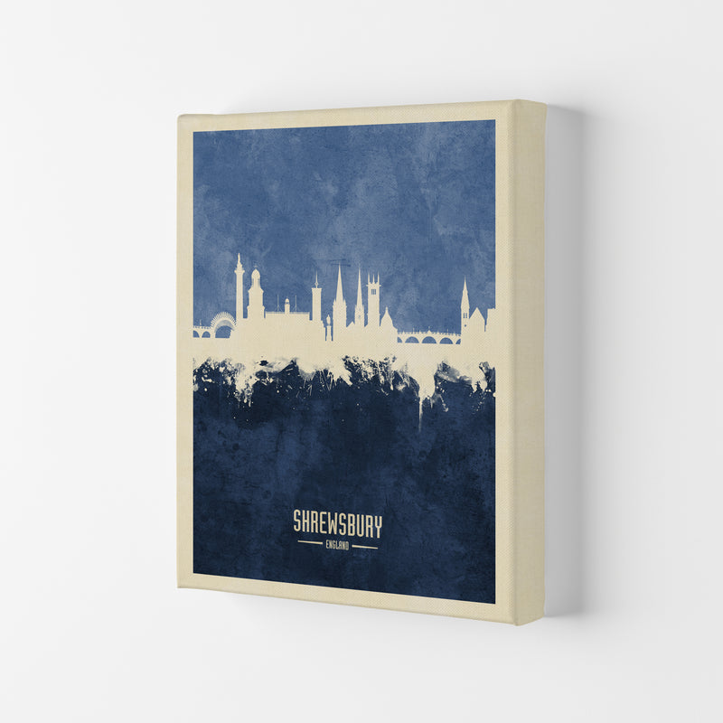 Shrewsbury England Skyline Portrait Navy Art Print by Michael Tompsett Canvas