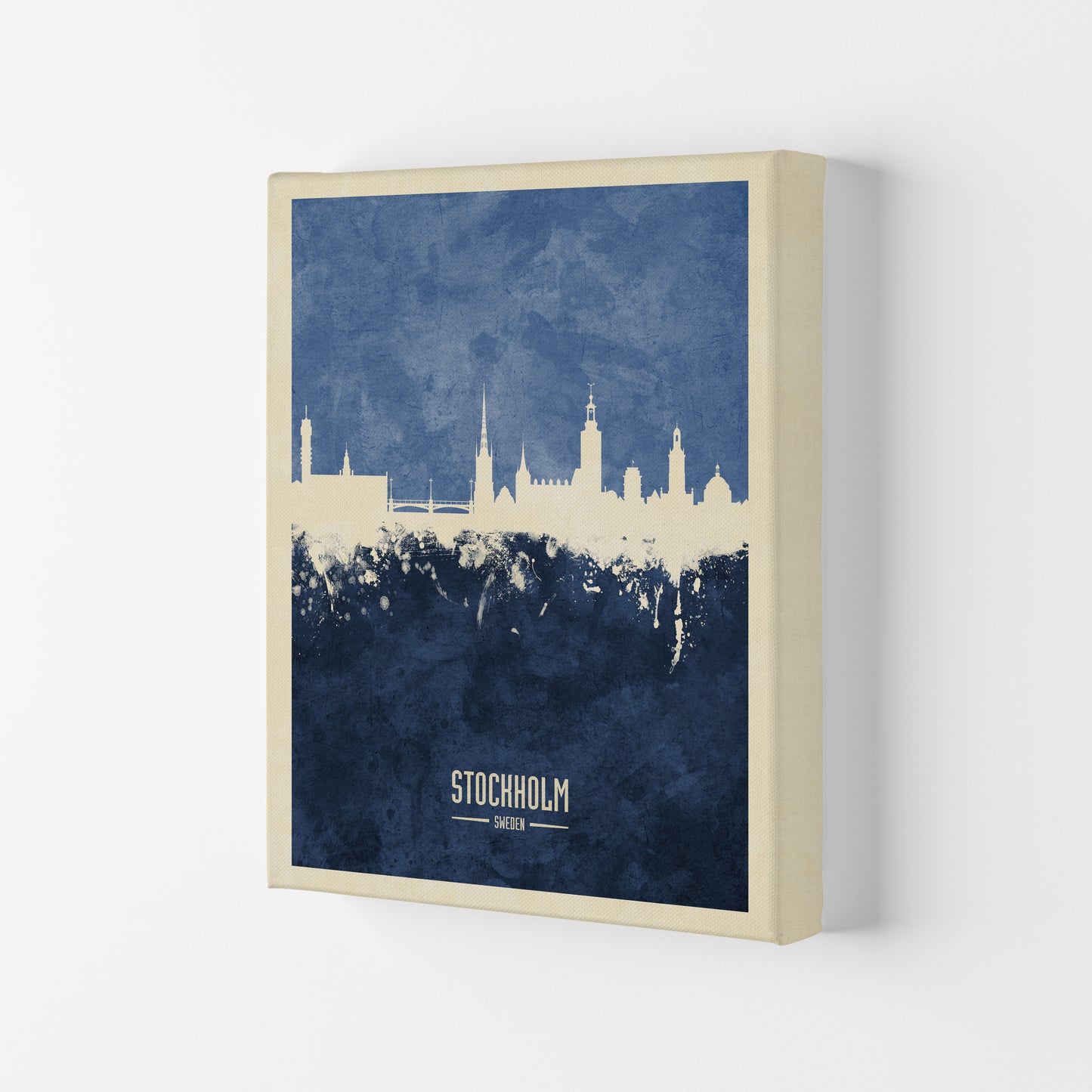 Stockholm Sweden Skyline Portrait Navy Art Print by Michael Tompsett Canvas
