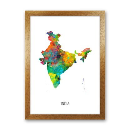 India Watercolour Map Art Print by Michael Tompsett Oak Grain
