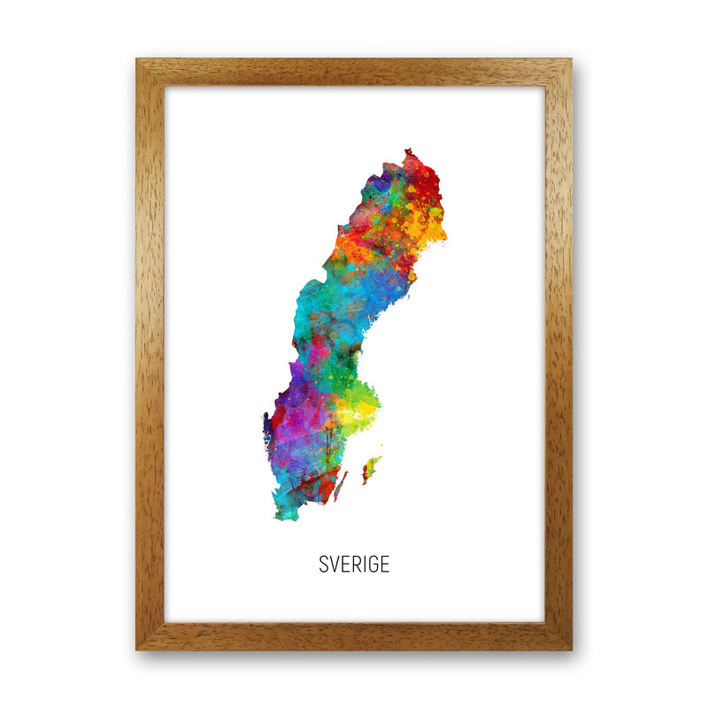 Sverige Watercolour Map Art Print by Michael Tompsett Oak Grain