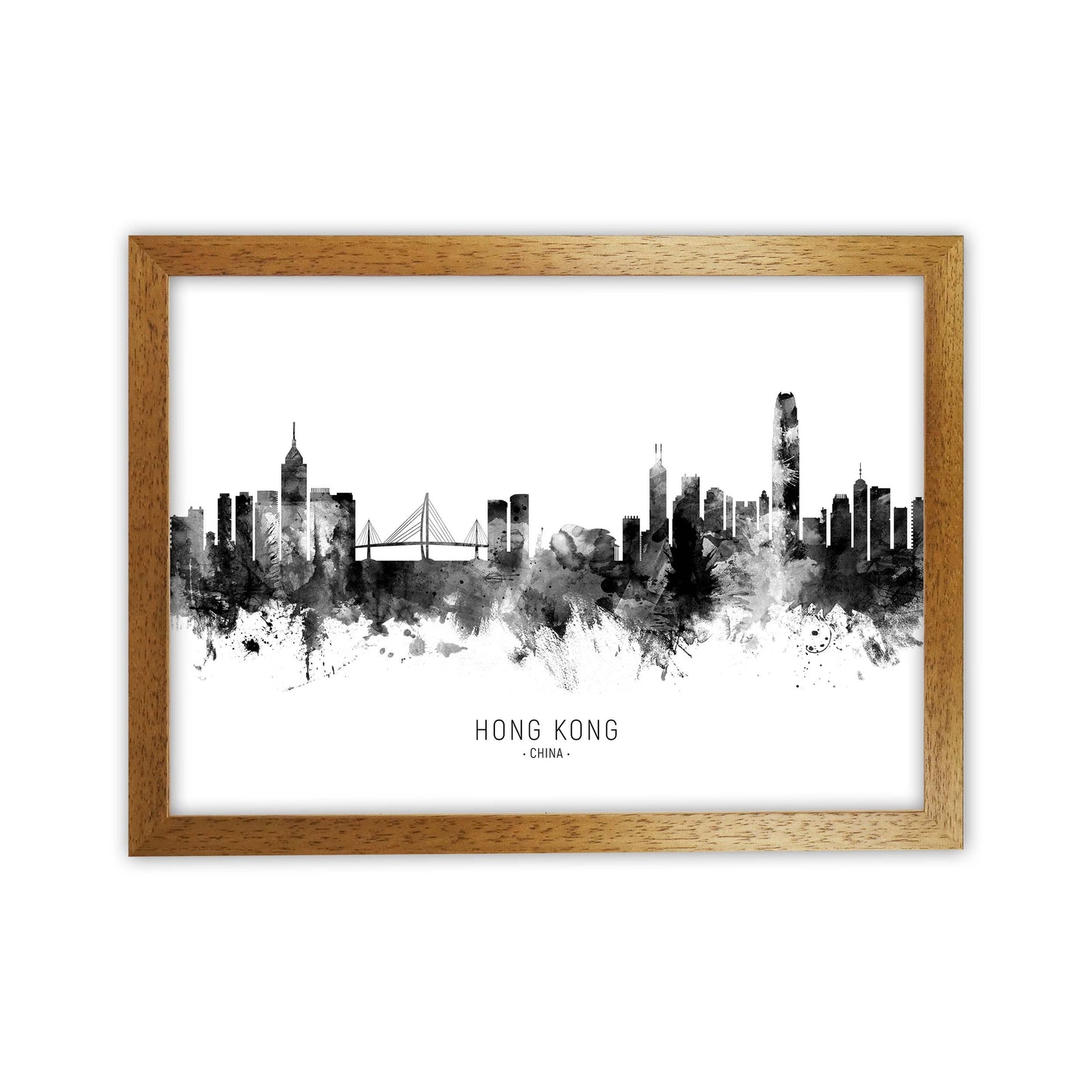 Hong Kong China Skyline Black White City Name  by Michael Tompsett Oak Grain