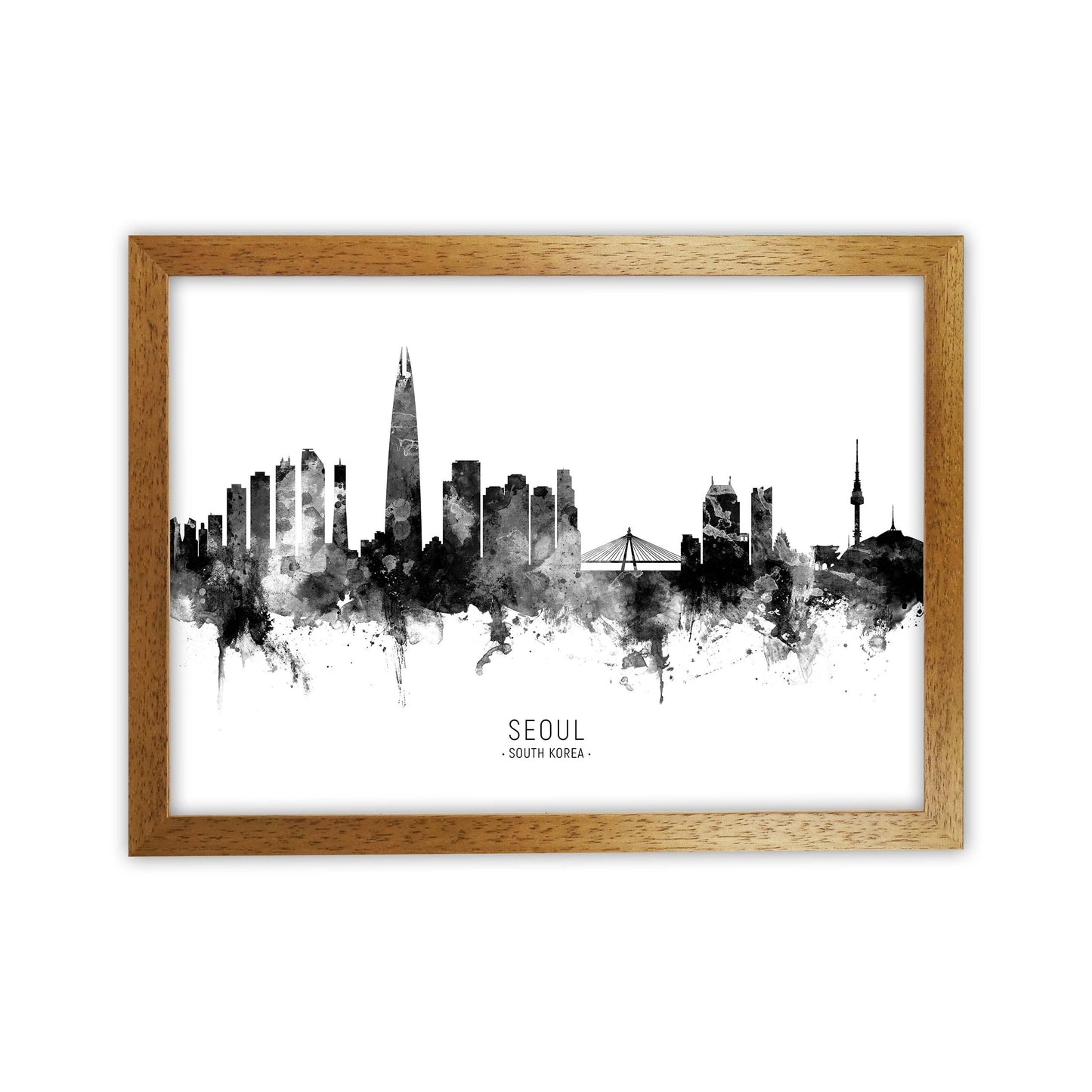 Seoul South Korea Skyline Black White City Name  by Michael Tompsett Oak Grain