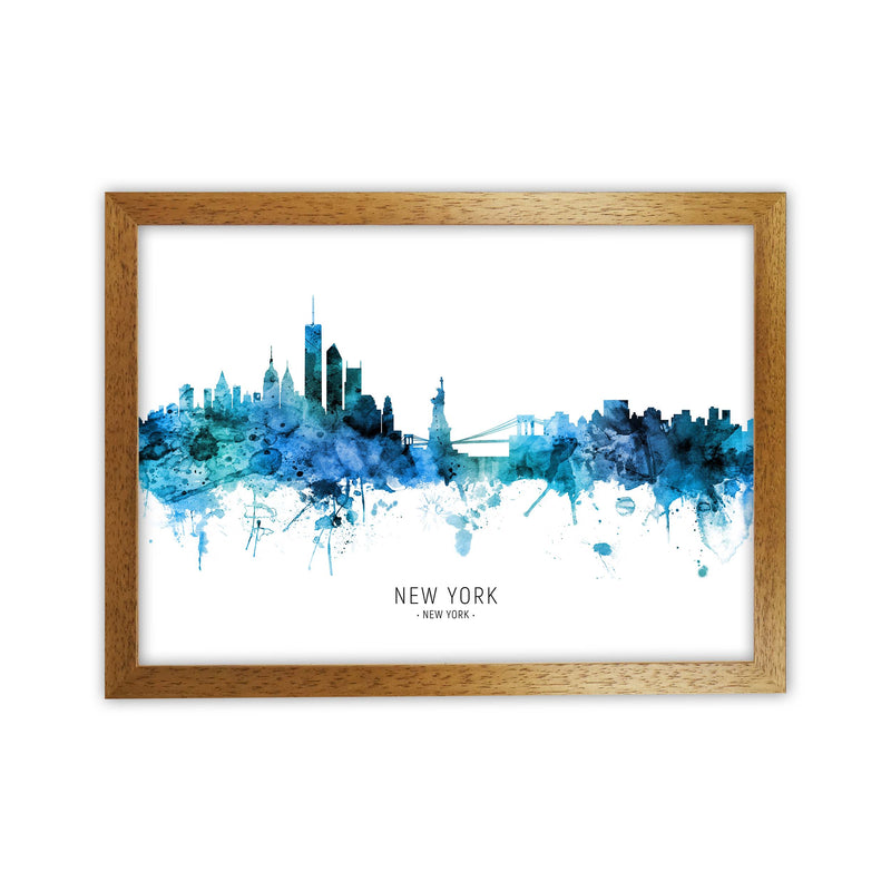 New York New York Skyline Blue City Name  by Michael Tompsett Oak Grain