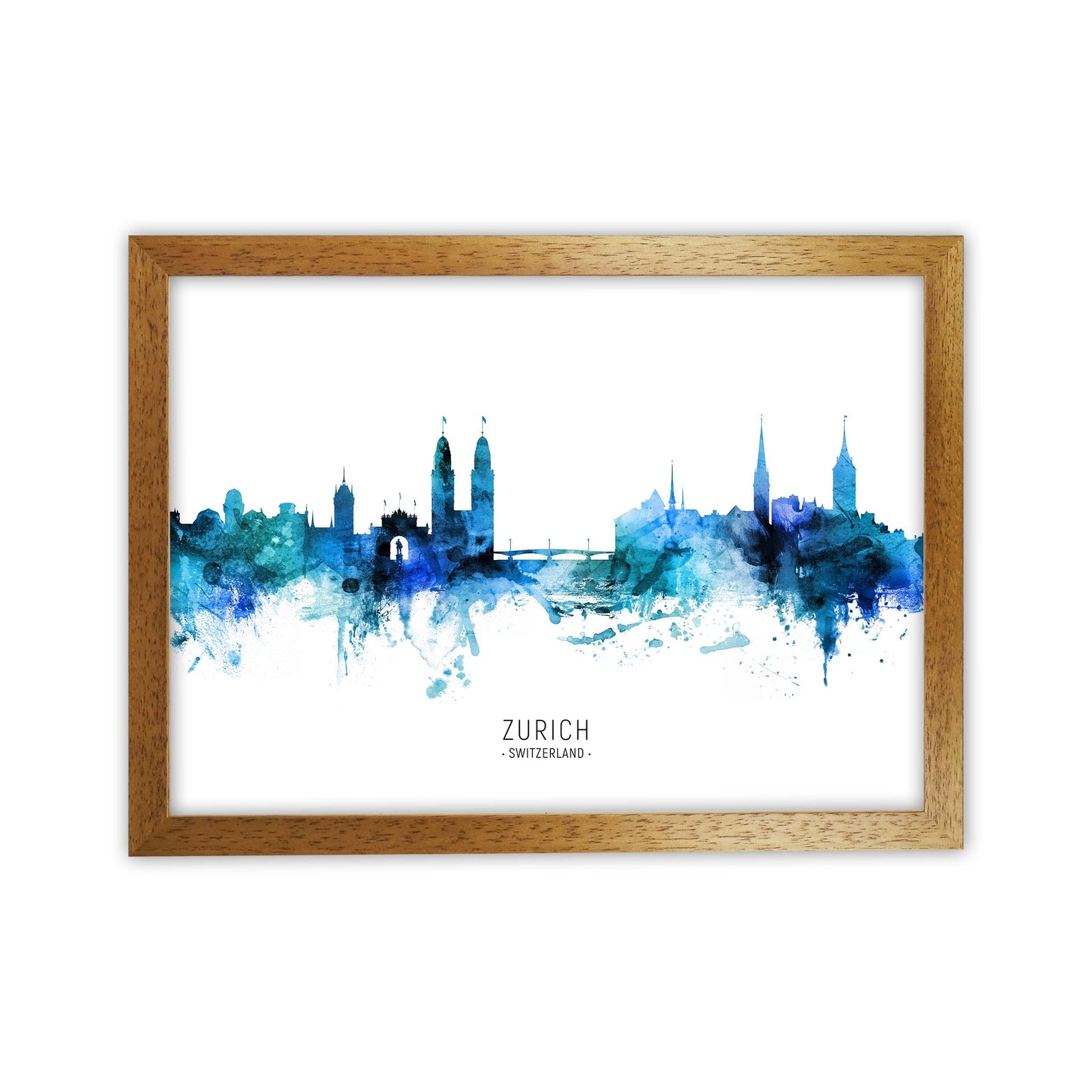 Zurich Switzerland Skyline Blue City Name  by Michael Tompsett Oak Grain