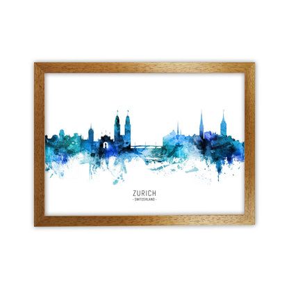 Zurich Switzerland Skyline Blue City Name  by Michael Tompsett Oak Grain