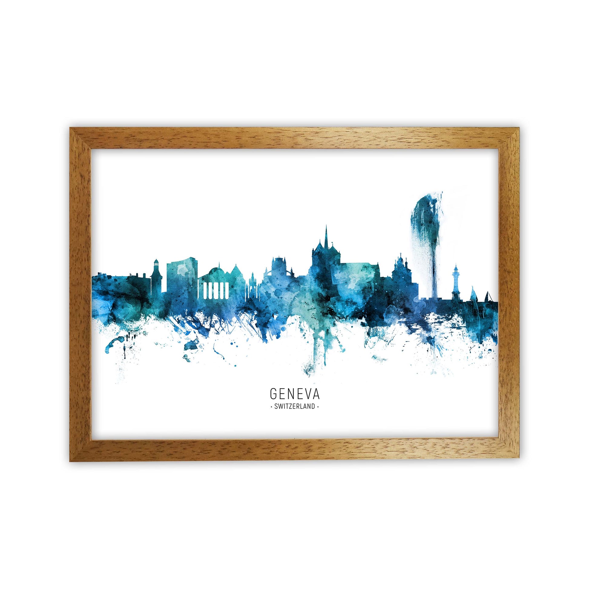 Geneva Switzerland Skyline Blue City Name  by Michael Tompsett Oak Grain