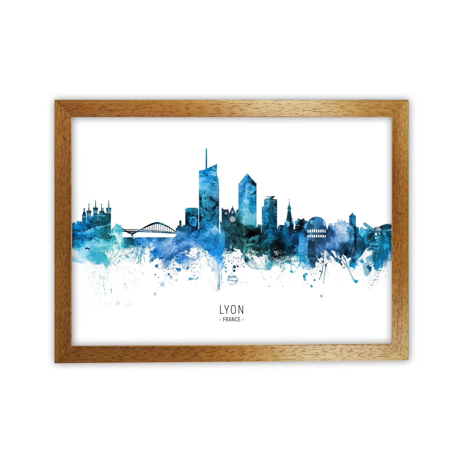 Lyon France Skyline Blue City Name Print by Michael Tompsett Oak Grain