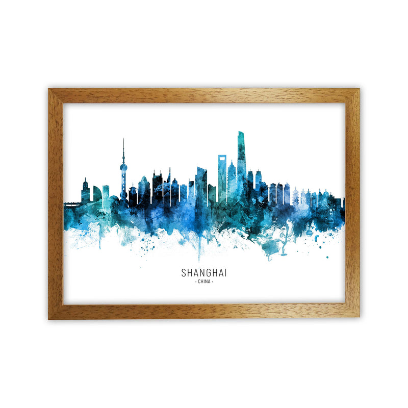 Shanghai China Skyline Blue City Name  by Michael Tompsett Oak Grain