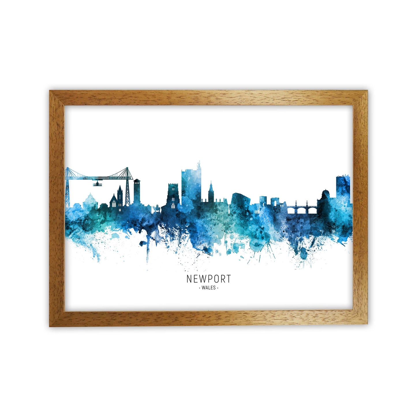 Newport Wales Skyline Blue City Name  by Michael Tompsett Oak Grain