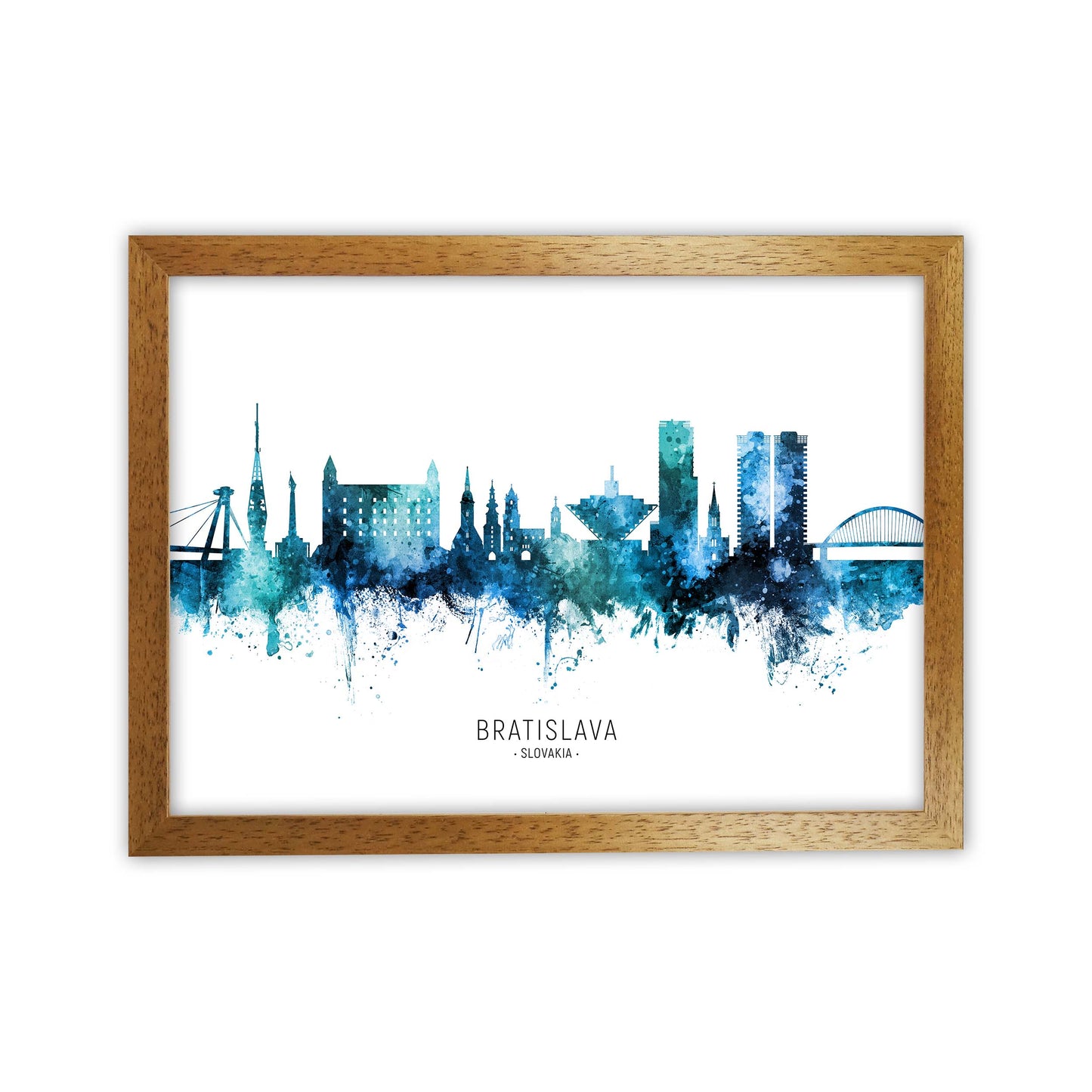 Bratislava Slovakia Skyline Blue City Name  by Michael Tompsett Oak Grain