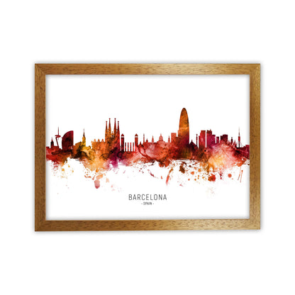 Barcelona Spain Skyline Red City Name  by Michael Tompsett Oak Grain