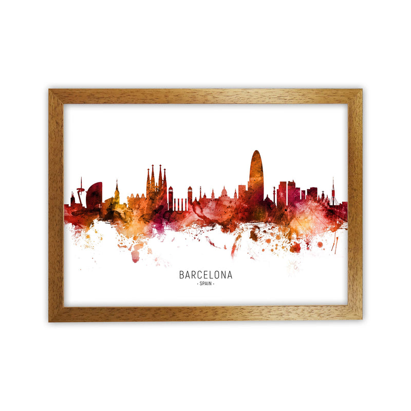 Barcelona Spain Skyline Red City Name  by Michael Tompsett Oak Grain