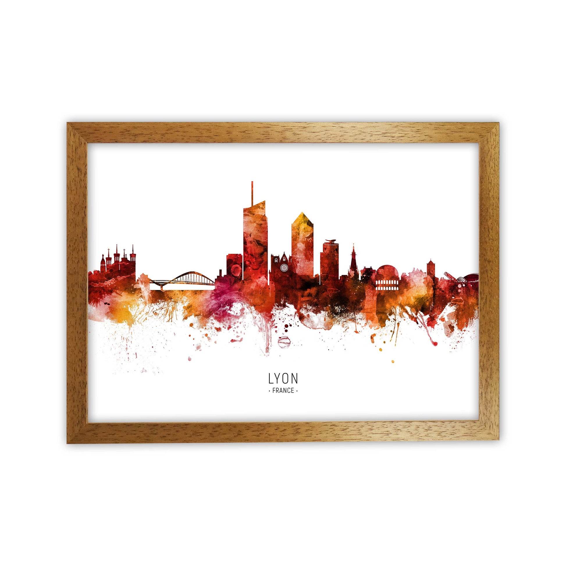 Lyon France Skyline Red City Name Print by Michael Tompsett Oak Grain