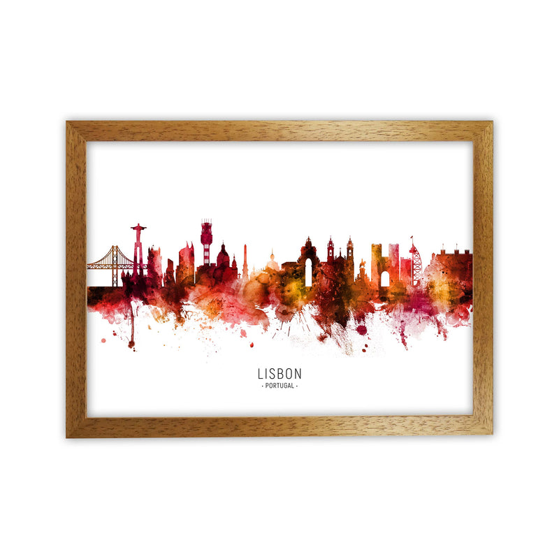 Lisbon Portugal Skyline Red City Name  by Michael Tompsett Oak Grain