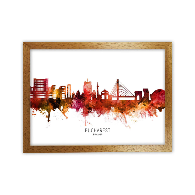 Bucharest Romania Skyline Red City Name  by Michael Tompsett Oak Grain