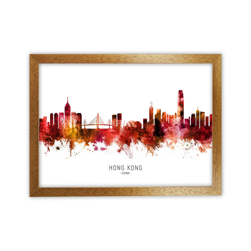 Hong Kong China Skyline Red City Name  by Michael Tompsett Oak Grain