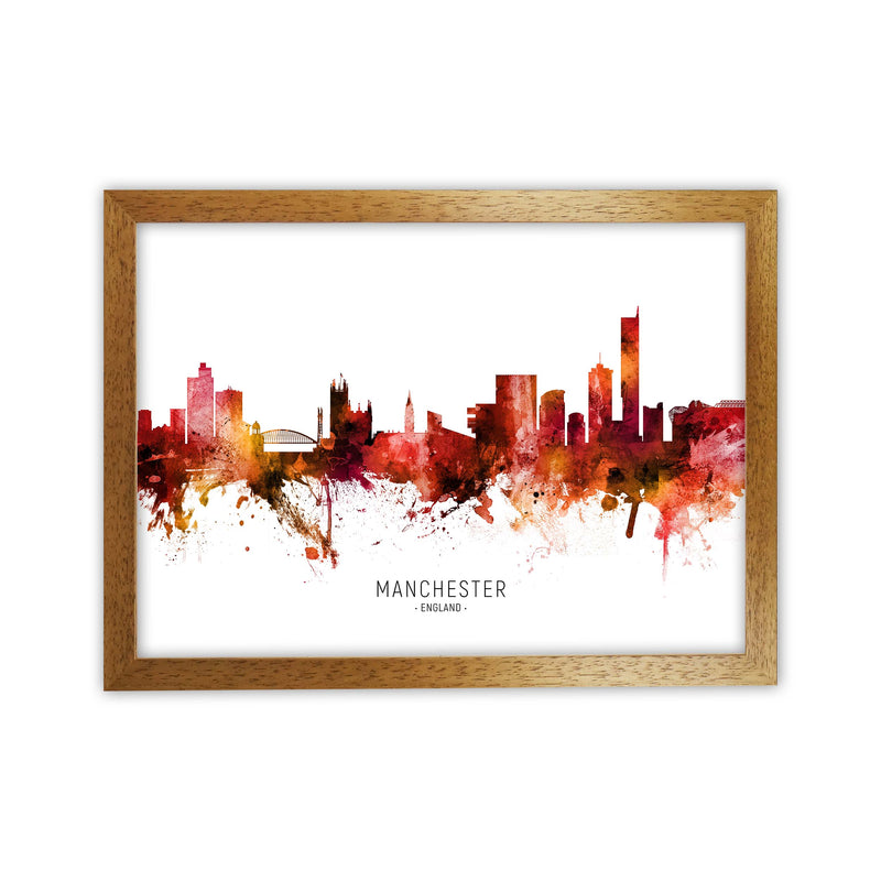 Manchester England Skyline Red City Name  by Michael Tompsett Oak Grain