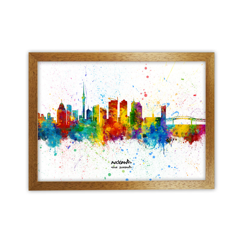 Auckland New Zealand Skyline Splash Art Print by Michael Tompsett Oak Grain