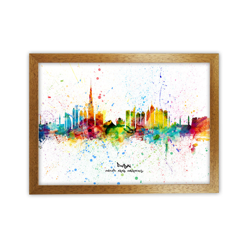 Dubai United Arab Emirates Skyline Splash Art Print by Michael Tompsett Oak Grain
