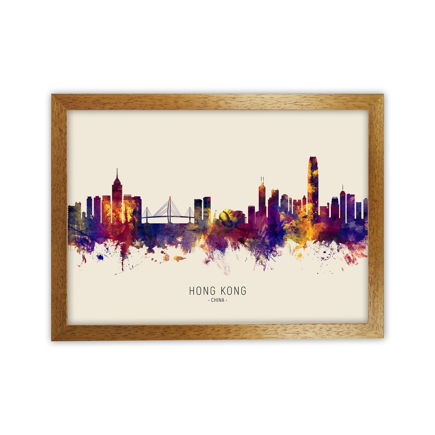 Hong Kong China Skyline Autumn City Name Art Print by Michael Tompsett Oak Grain