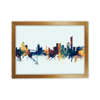 Manchester England Skyline Blue Orange Art Print by Michael Tompsett Oak Grain