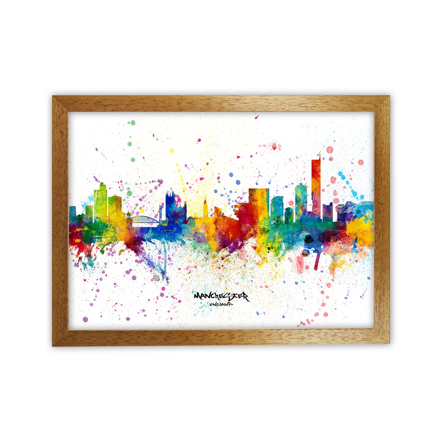 Manchester England Skyline Splash Art Print by Michael Tompsett Oak Grain