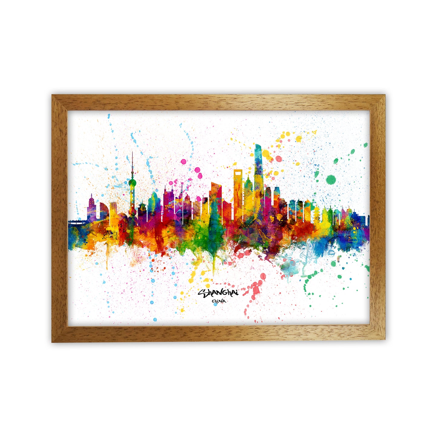 Shanghai China Skyline Splash Art Print by Michael Tompsett Oak Grain
