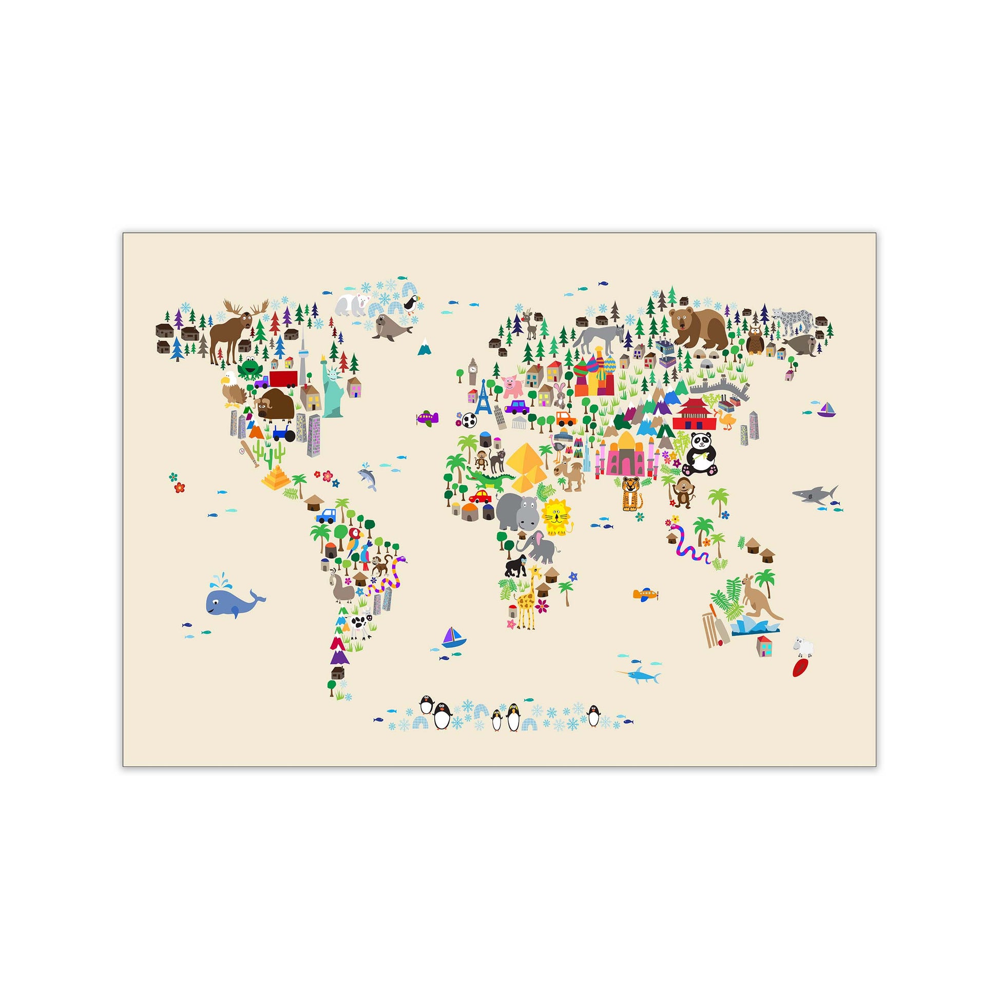 Animal Map of the World Beige Art Print by Michael Tompsett Print Only