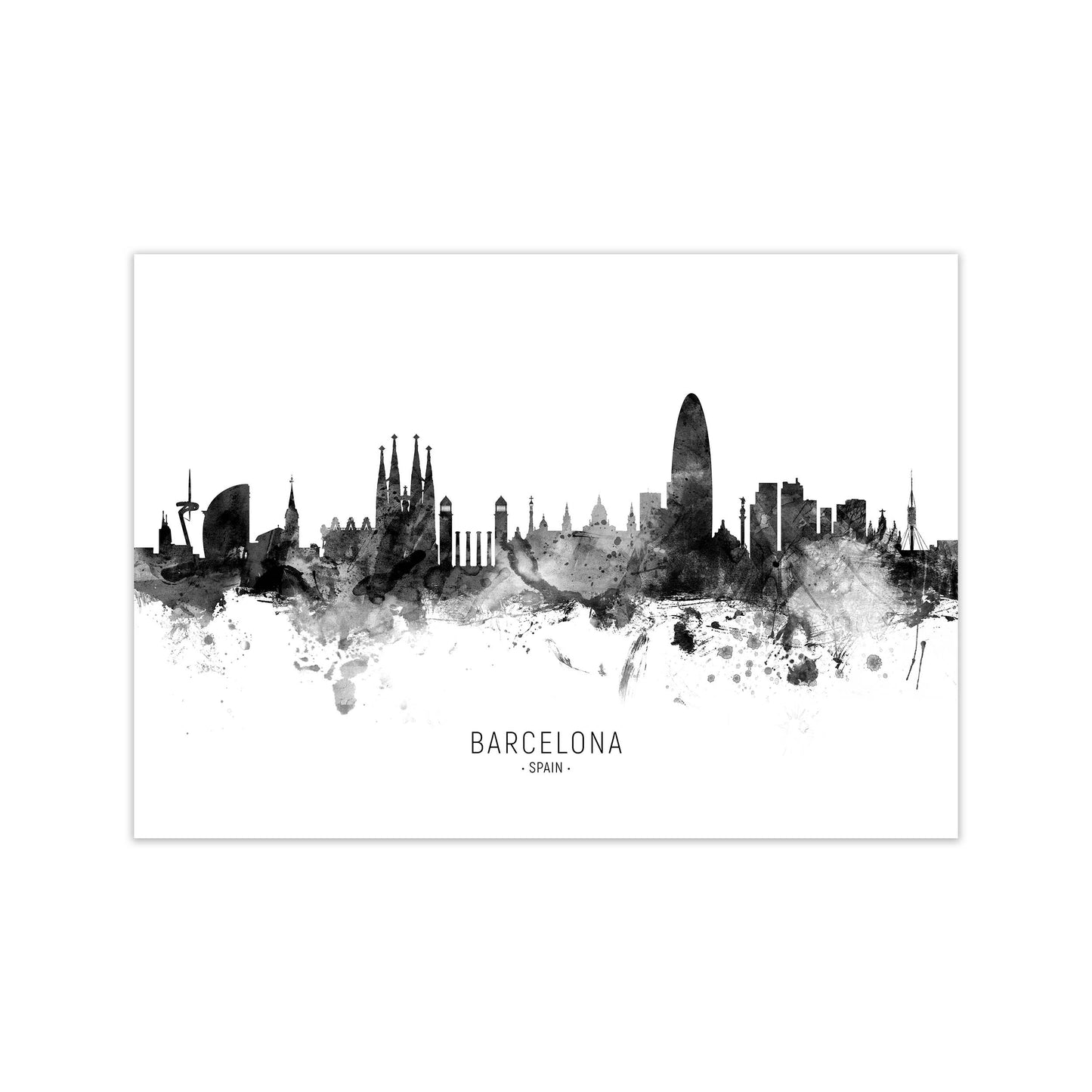 Barcelona Spain Skyline Black White City Name  by Michael Tompsett Print Only