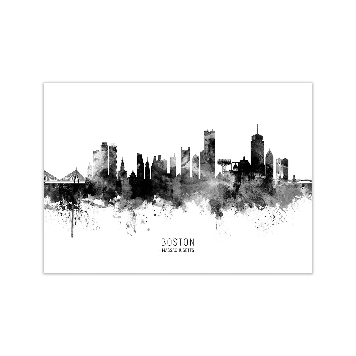 Boston Massachusetts Skyline Black White City Name  by Michael Tompsett Print Only