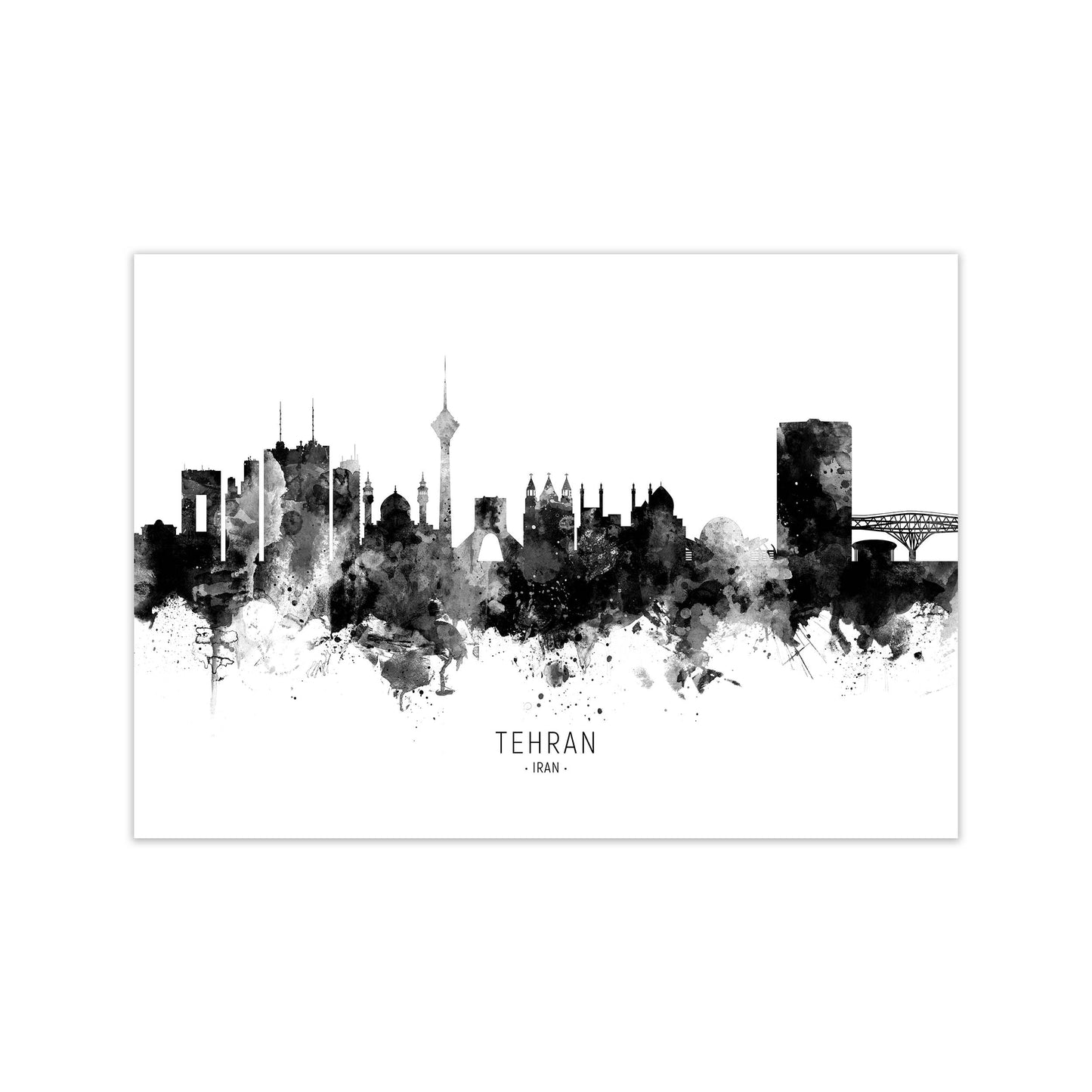 Tehran Iran Skyline Black White City Name  by Michael Tompsett Print Only