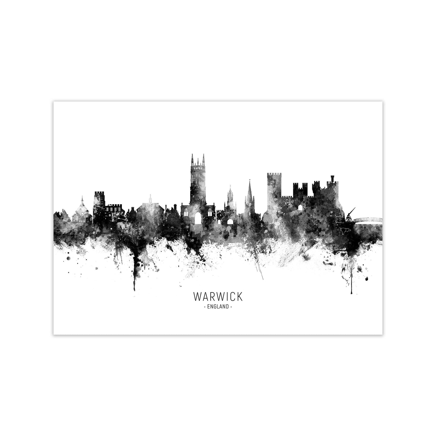 Warwick England Skyline Black White City Name  by Michael Tompsett Print Only