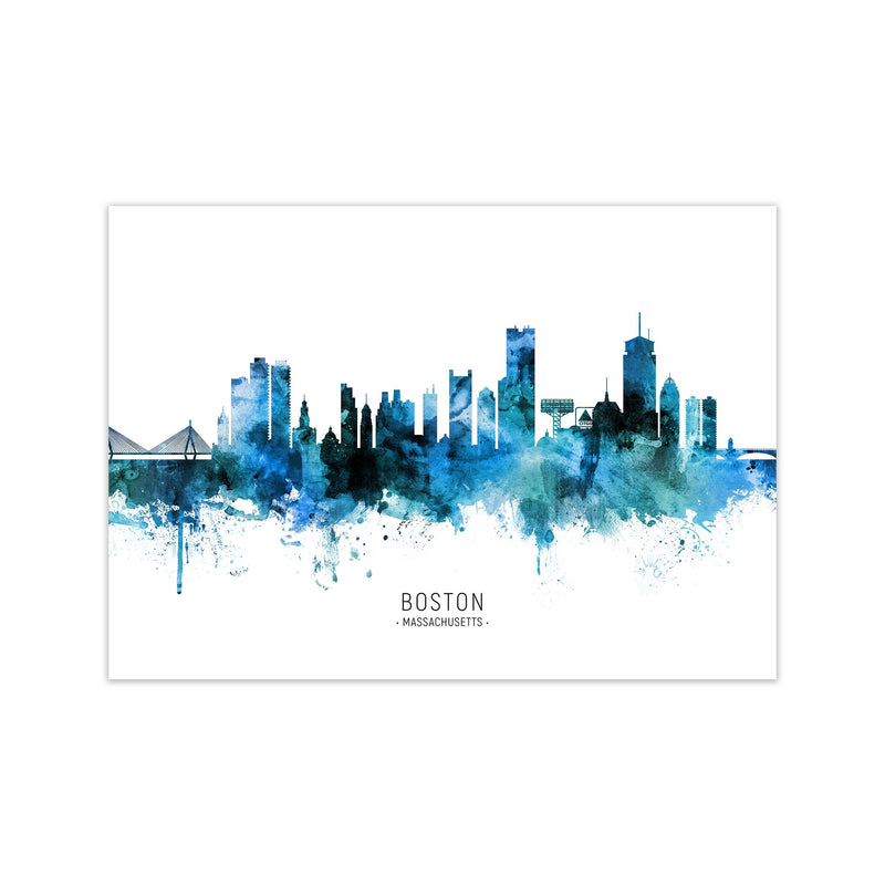 Boston Massachusetts Skyline Blue City Name  by Michael Tompsett Print Only
