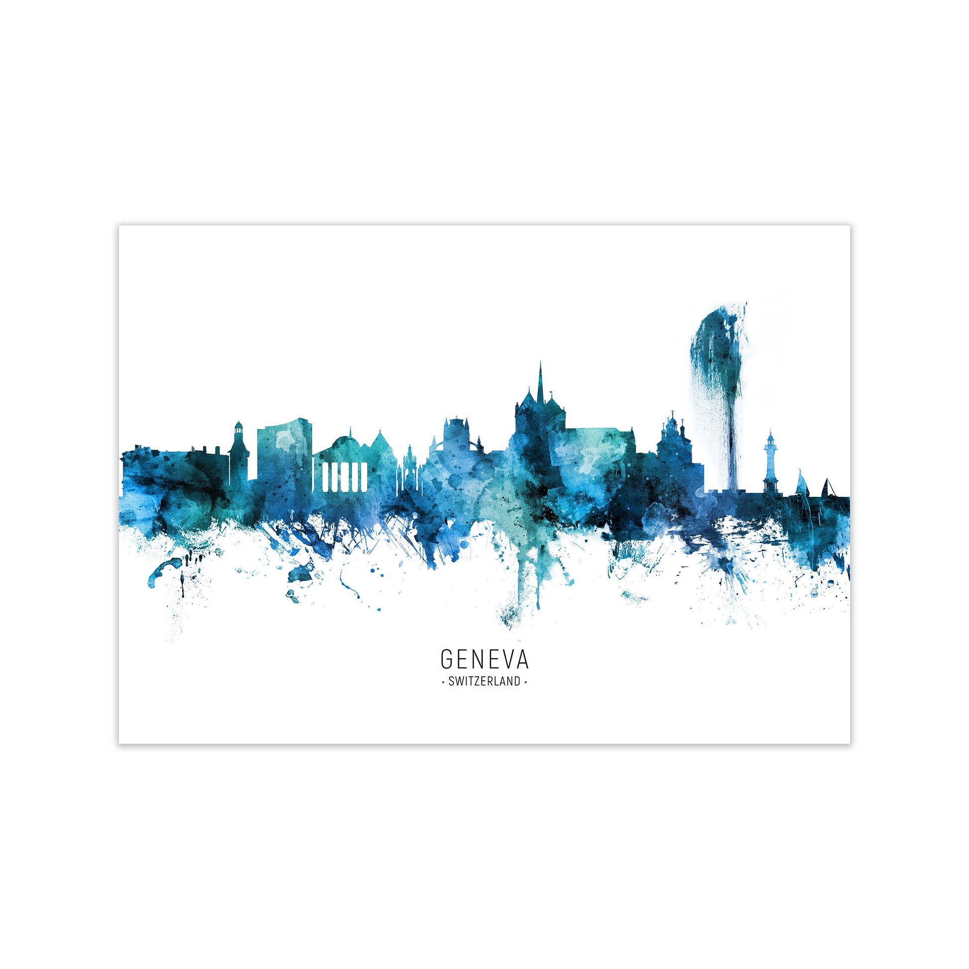 Geneva Switzerland Skyline Blue City Name  by Michael Tompsett Print Only