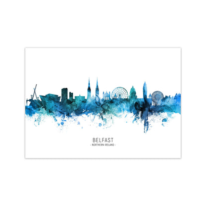Belfast Northern Ireland Skyline Blue City Name  by Michael Tompsett Print Only
