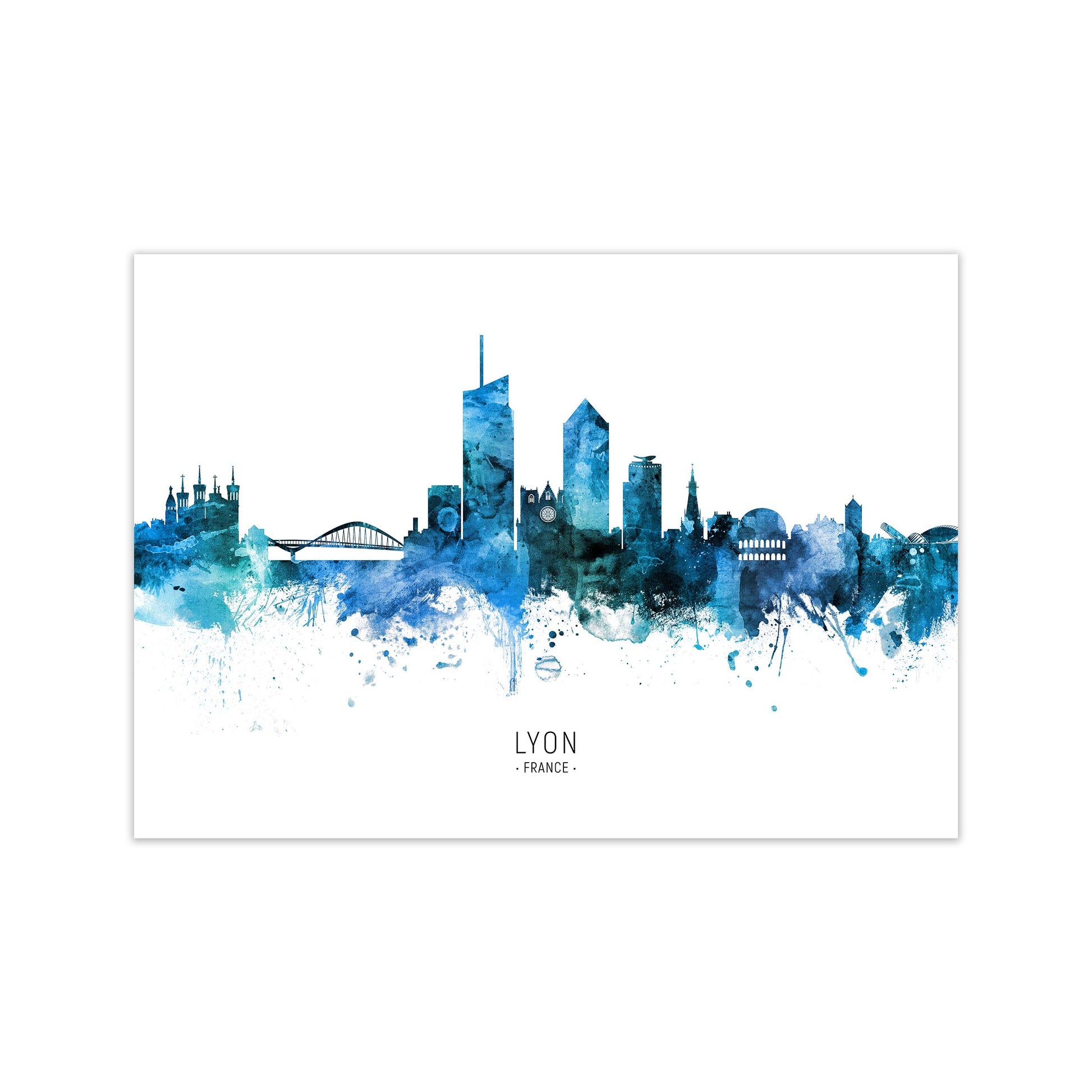 Lyon France Skyline Blue City Name Print by Michael Tompsett Print Only
