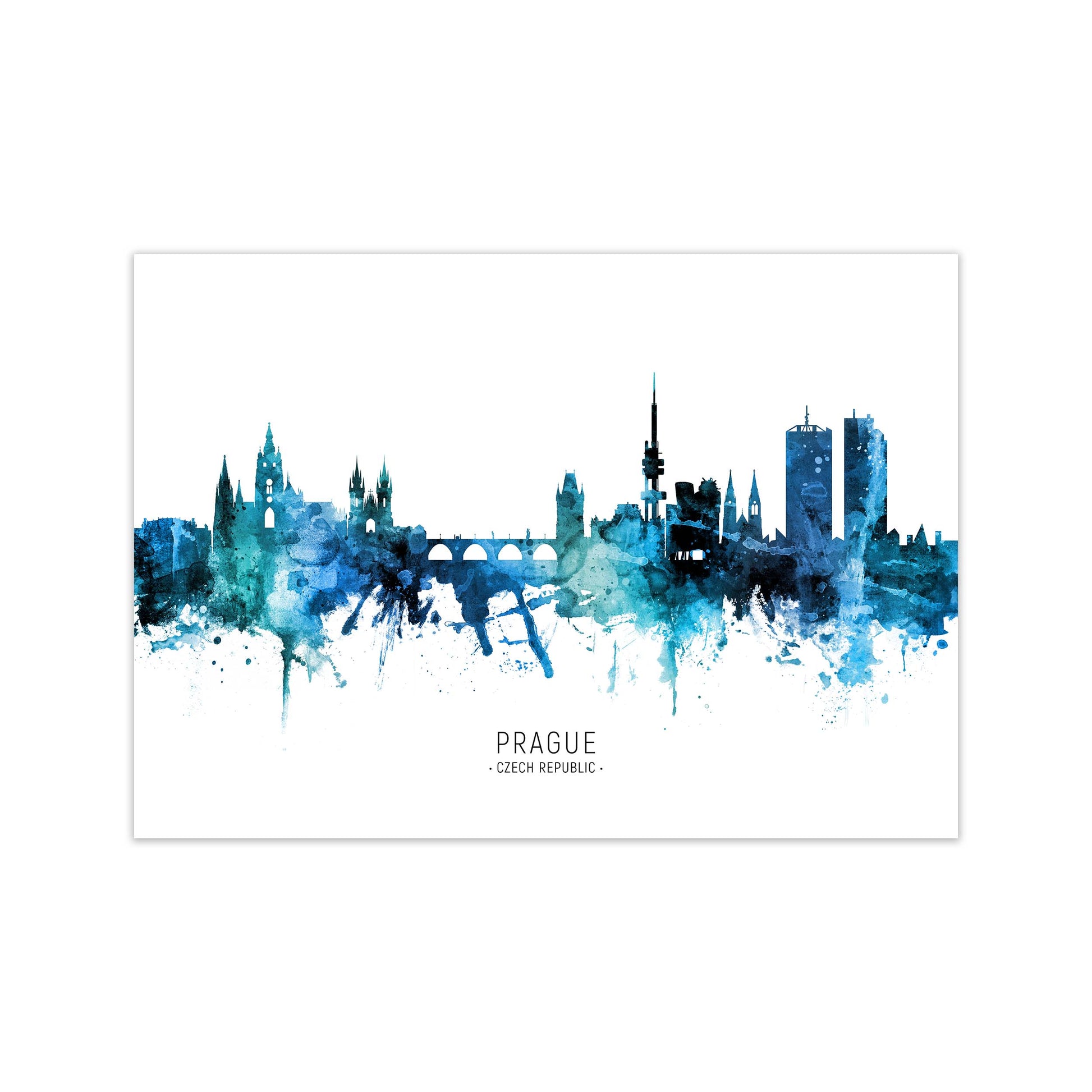 Prague Czech Republic Skyline Blue City Name  by Michael Tompsett Print Only