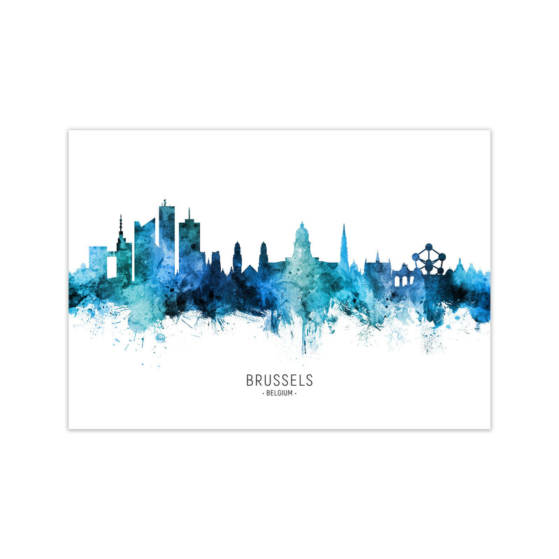 Brussels Belgium Skyline Blue City Name  by Michael Tompsett Print Only
