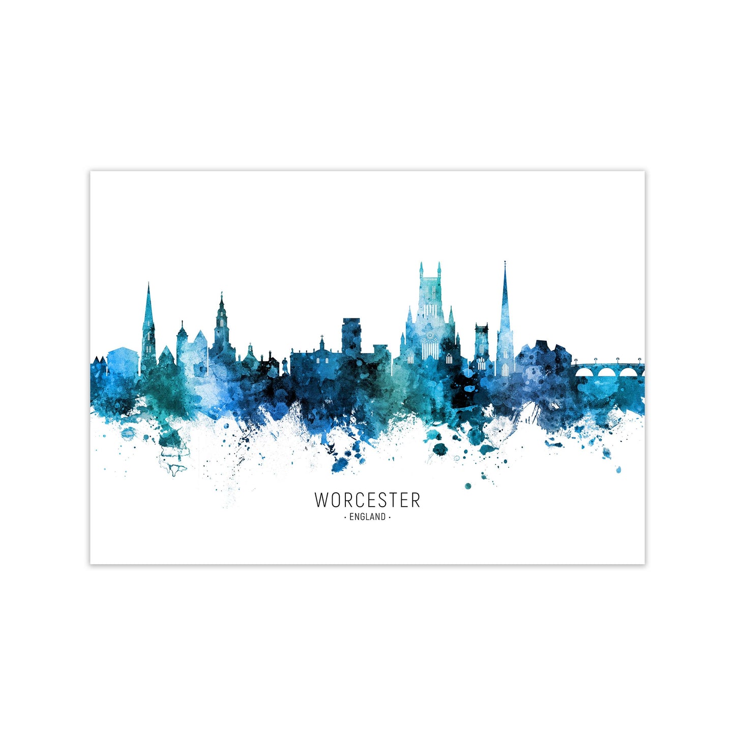 Worcester England Skyline Blue City Name  by Michael Tompsett Print Only