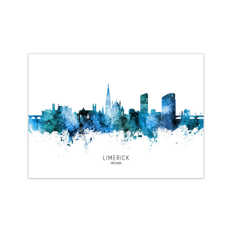 Limerick Ireland Skyline Blue City Name  by Michael Tompsett Print Only