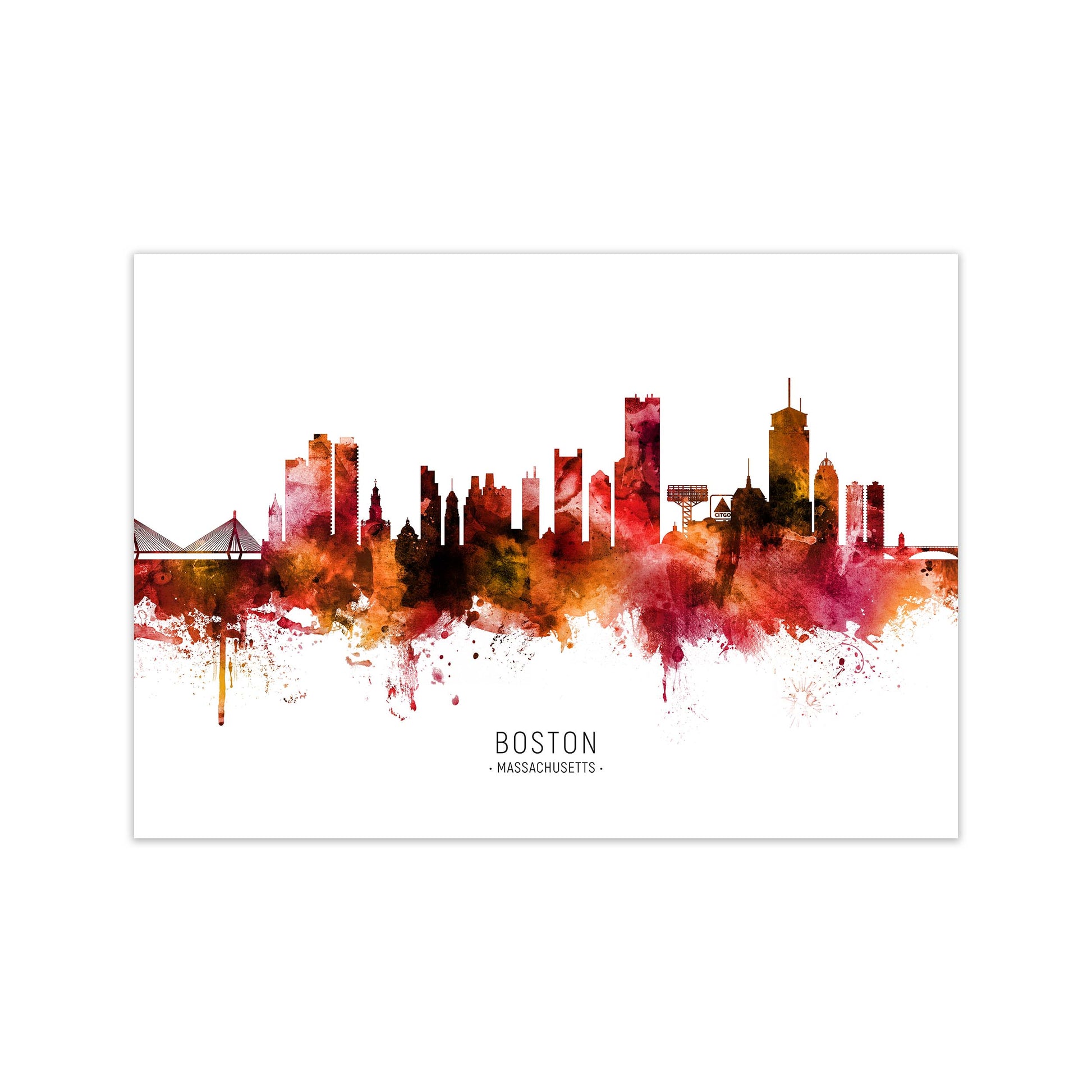 Boston Massachusetts Skyline Red City Name  by Michael Tompsett Print Only