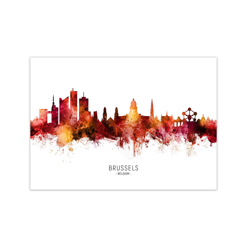 Brussels Belgium Skyline Red City Name  by Michael Tompsett Print Only