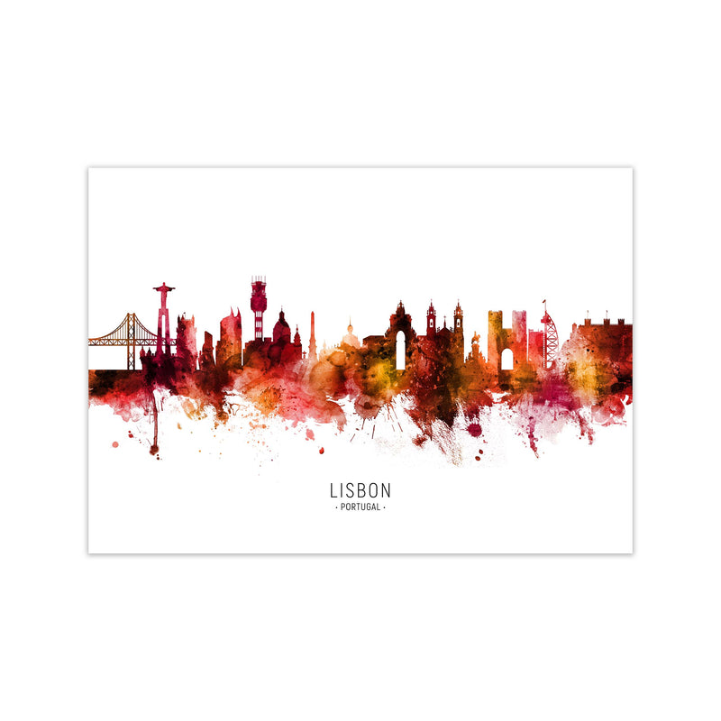 Lisbon Portugal Skyline Red City Name  by Michael Tompsett Print Only